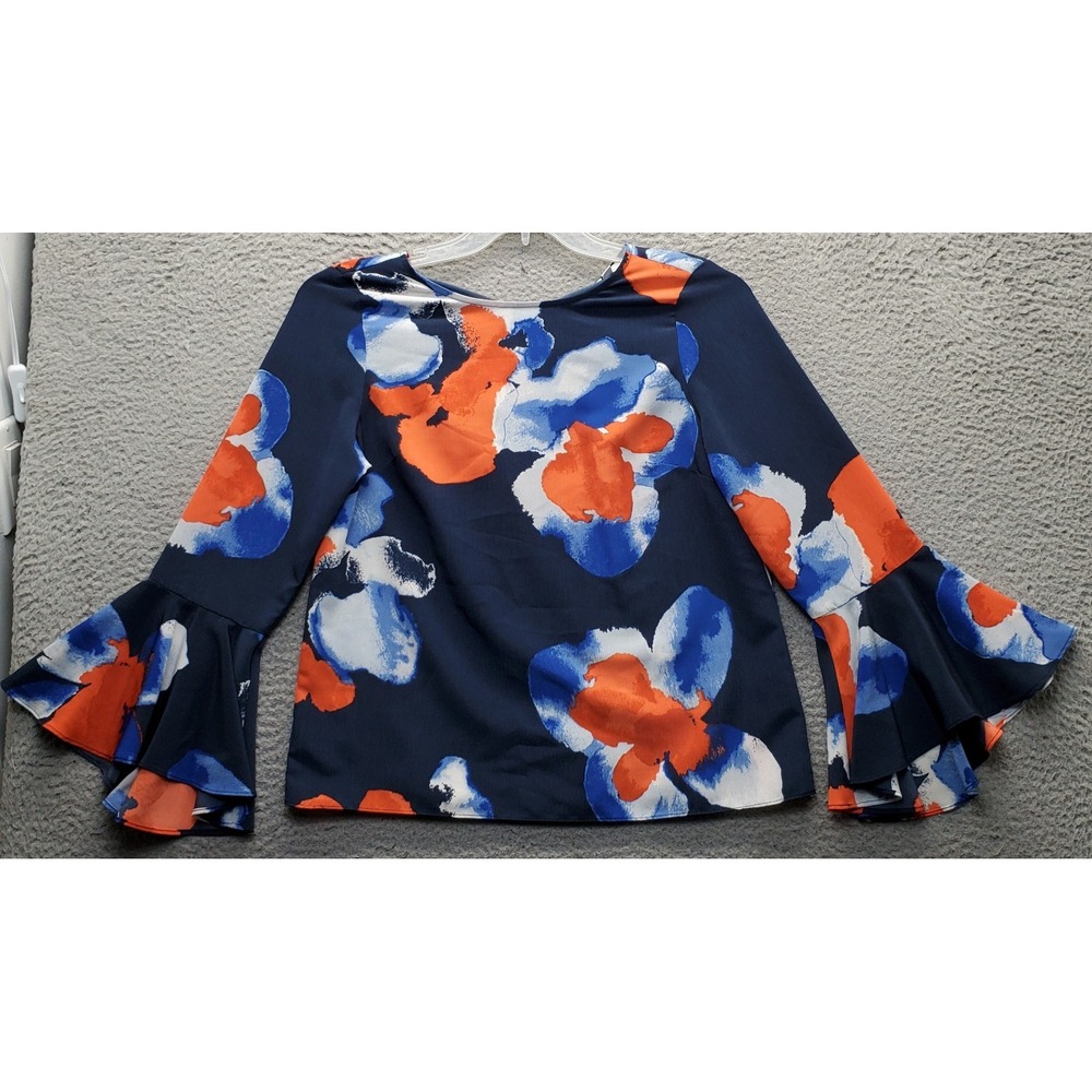Halston Blouse Top Womens Small Multi Abstract Floral Bell Sleeve Tie Back Boho